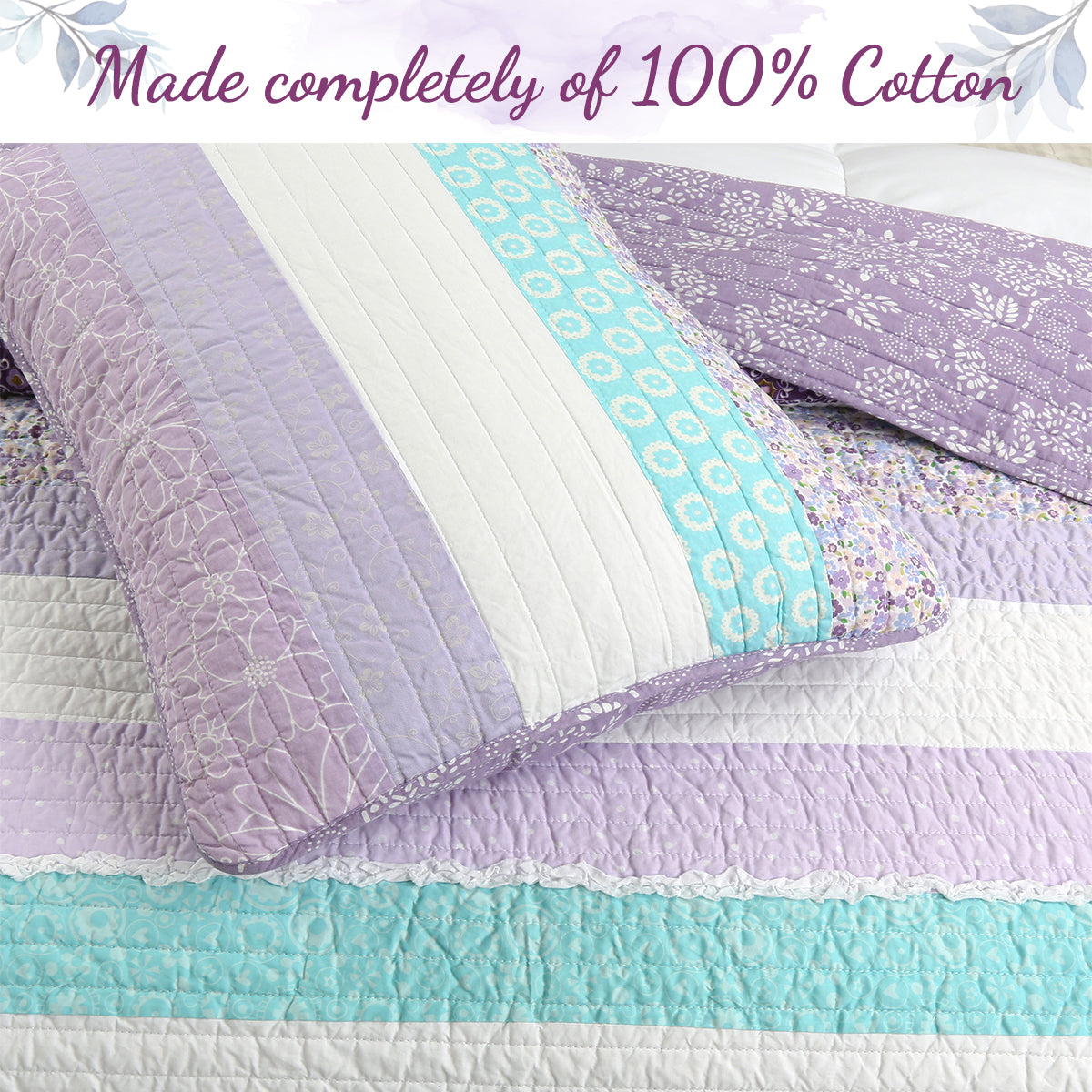 Purple Cosmos Spring Floral Stripe Garden Lavender Teal Ruffle Cotton Reversible Quilt Bedding Set