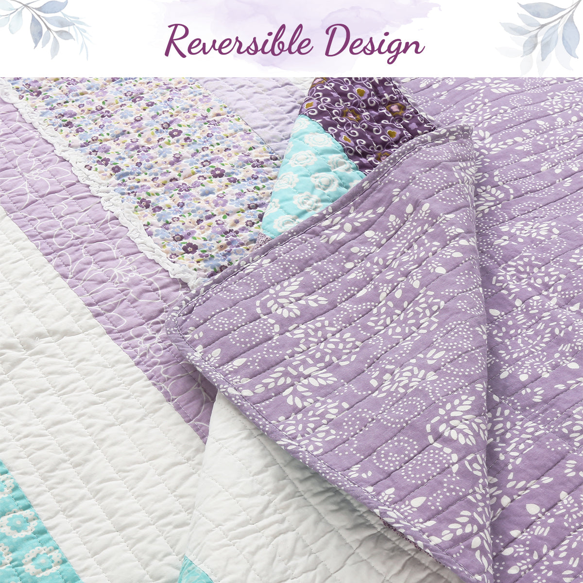 Purple Cosmos Spring Floral Stripe Garden Lavender Teal Ruffle Cotton Reversible Quilt Bedding Set