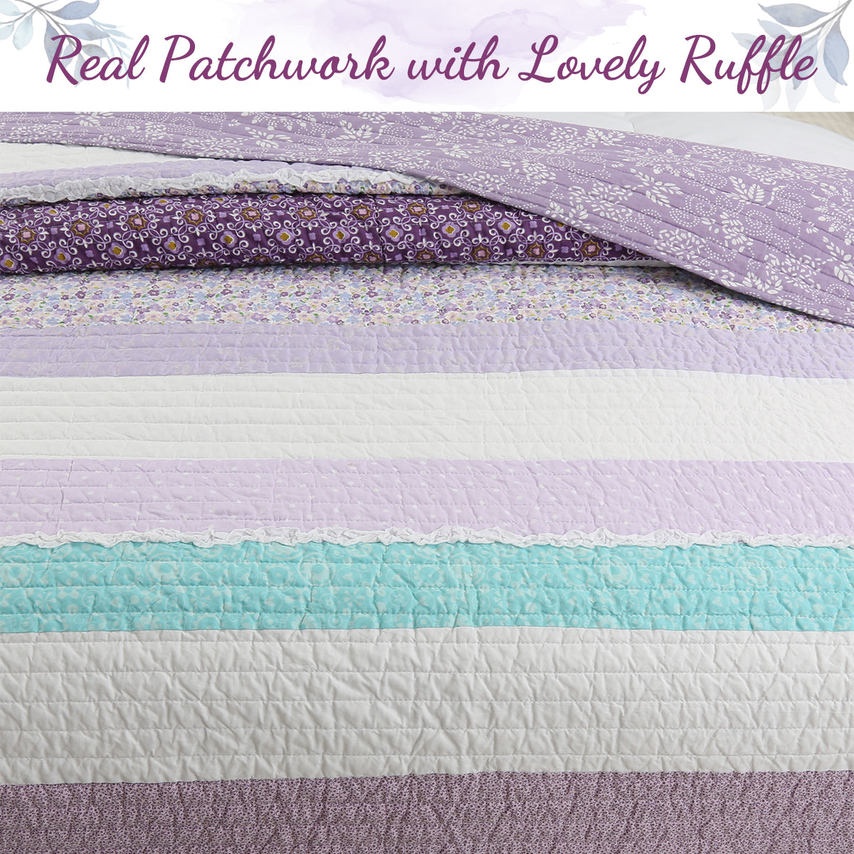 Purple Cosmos Spring Floral Stripe Garden Lavender Teal Ruffle Cotton Reversible Quilt Bedding Set