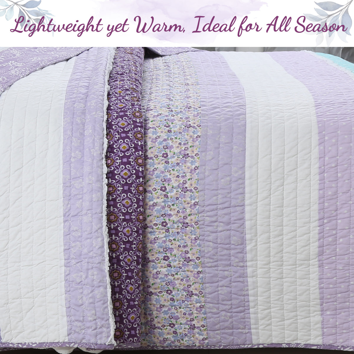 Purple Cosmos Spring Floral Stripe Garden Lavender Teal Ruffle Cotton Reversible Quilt Bedding Set