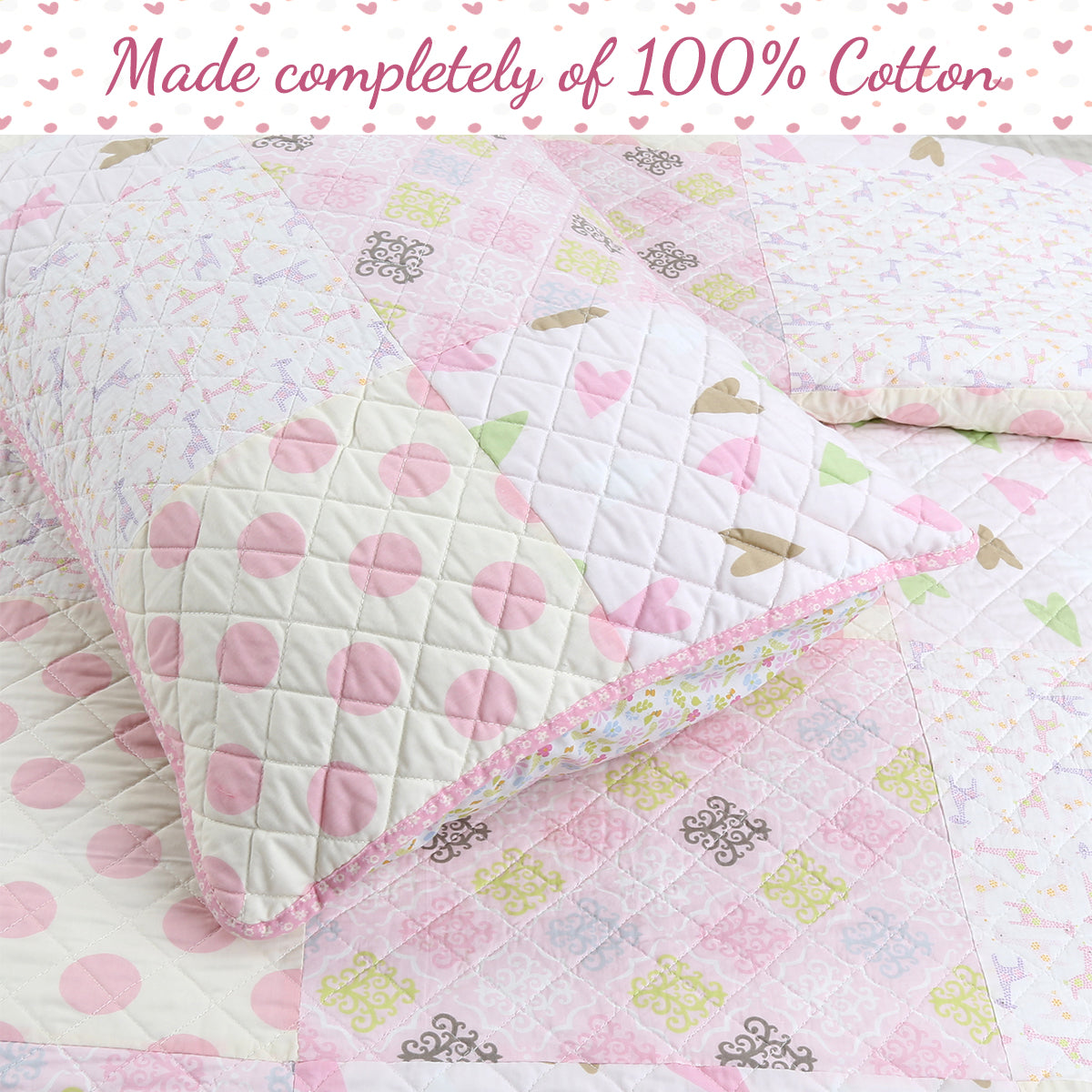Pink Heart Floral Dot Giraffe Medallion Real Patchwork Cotton Reversible Quilt Bedding Set