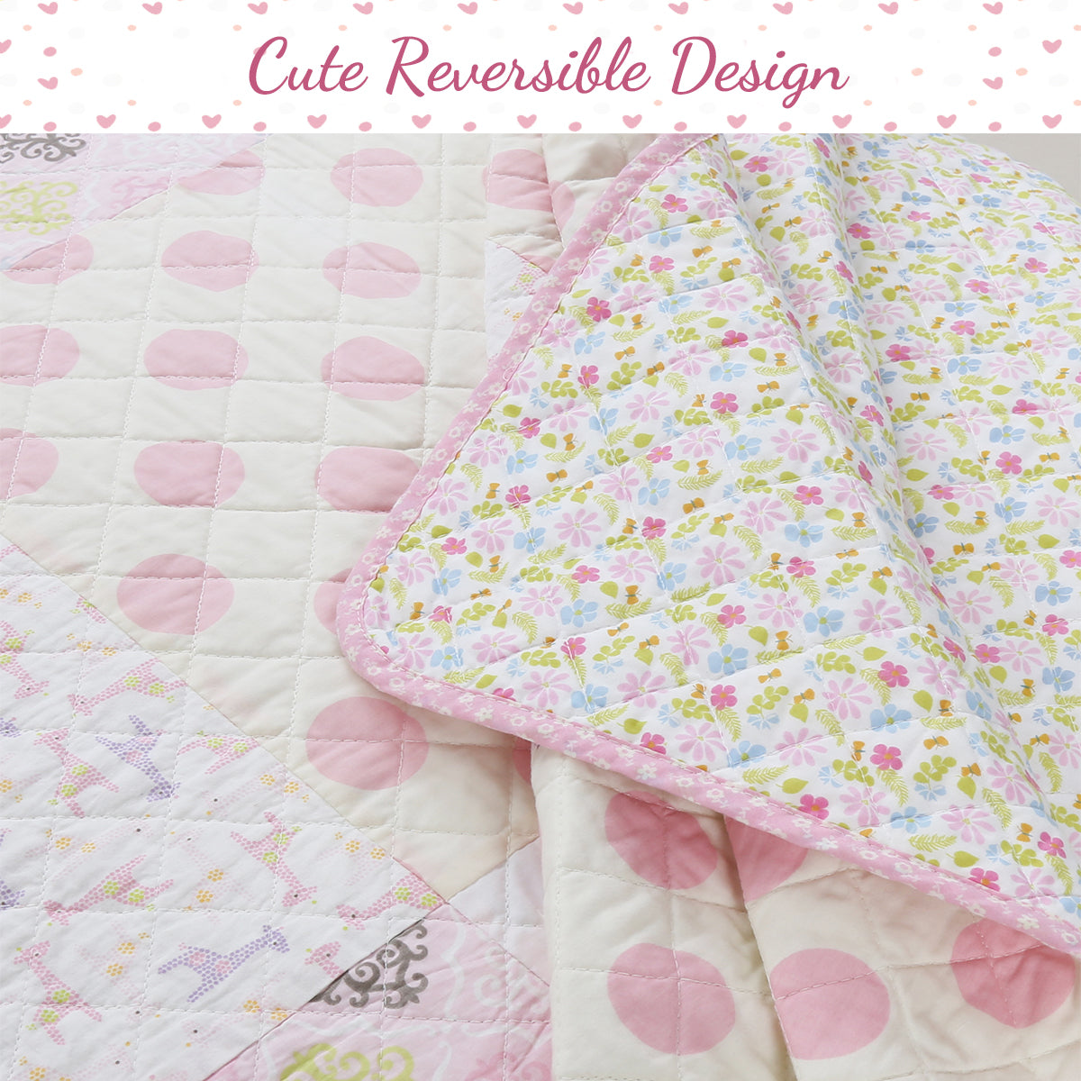 Pink Heart Floral Dot Giraffe Medallion Real Patchwork Cotton Reversible Quilt Bedding Set