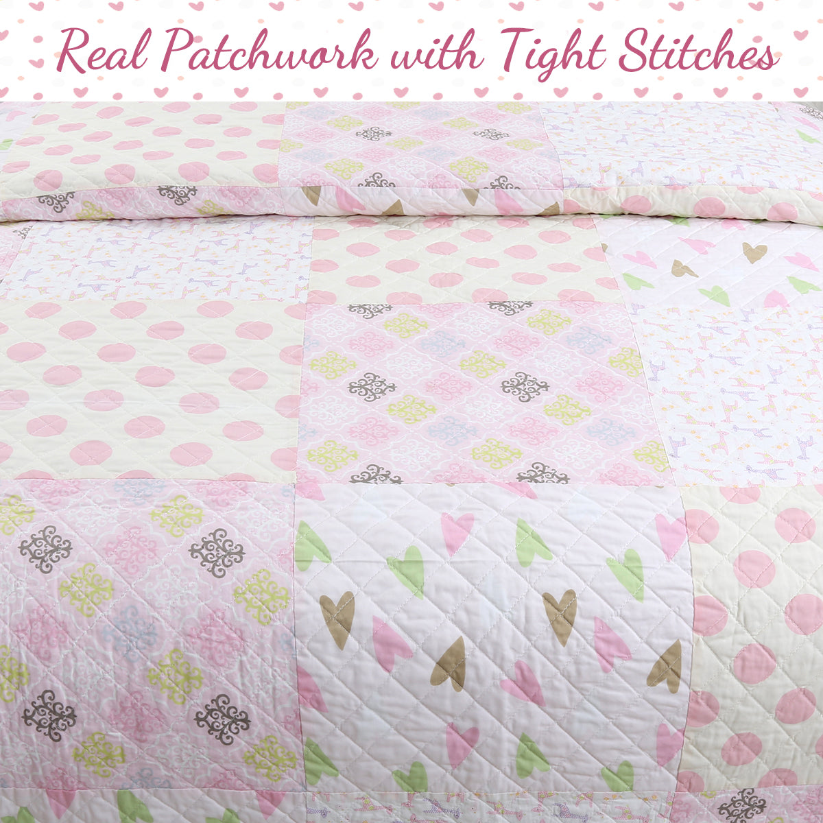 Pink Heart Floral Dot Giraffe Medallion Real Patchwork Cotton Reversible Quilt Bedding Set