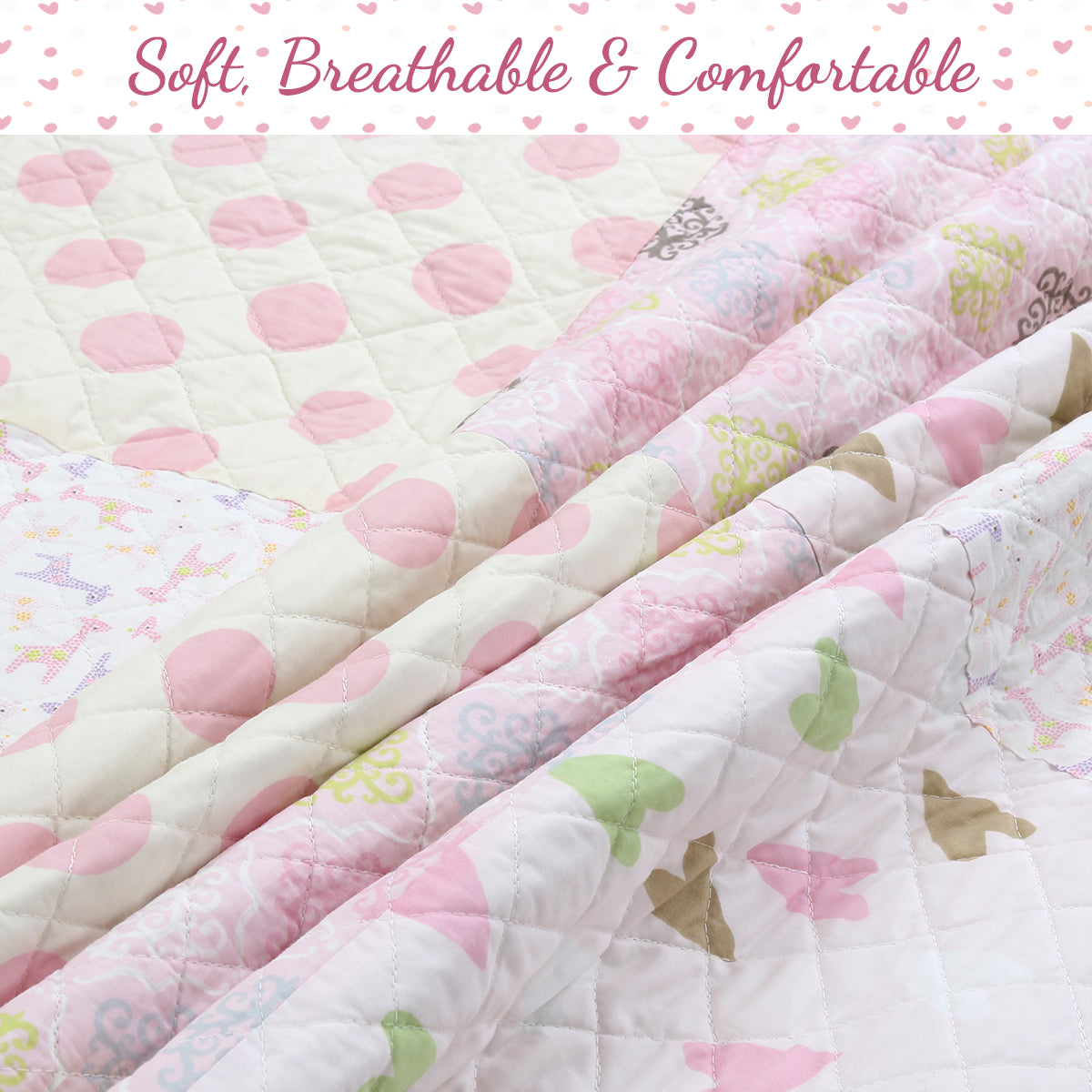 Pink Heart Floral Dot Giraffe Medallion Real Patchwork Cotton Reversible Quilt Bedding Set