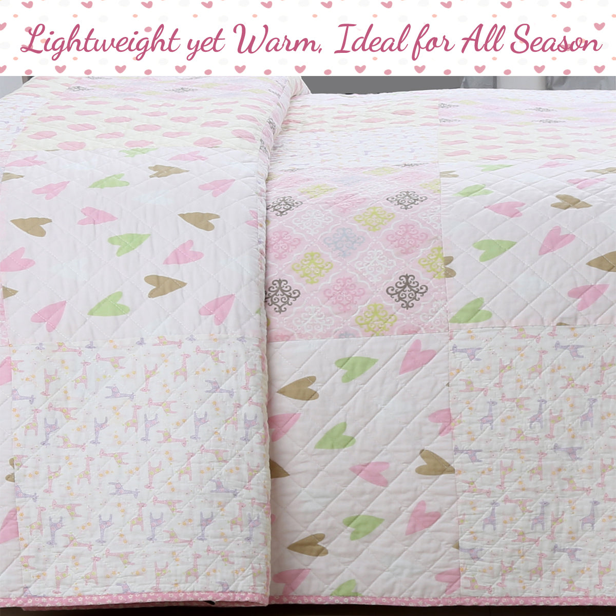 Pink Heart Floral Dot Giraffe Medallion Real Patchwork Cotton Reversible Quilt Bedding Set