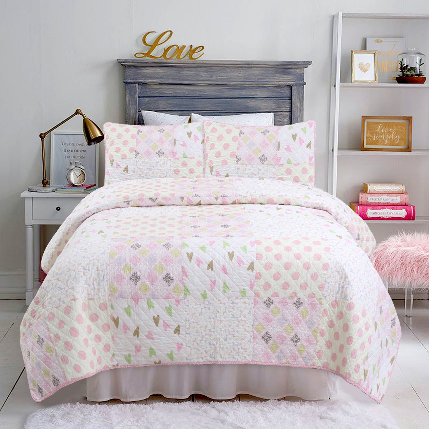 Pink Heart Floral Dot Giraffe Medallion Real Patchwork Cotton Reversible Quilt Bedding Set