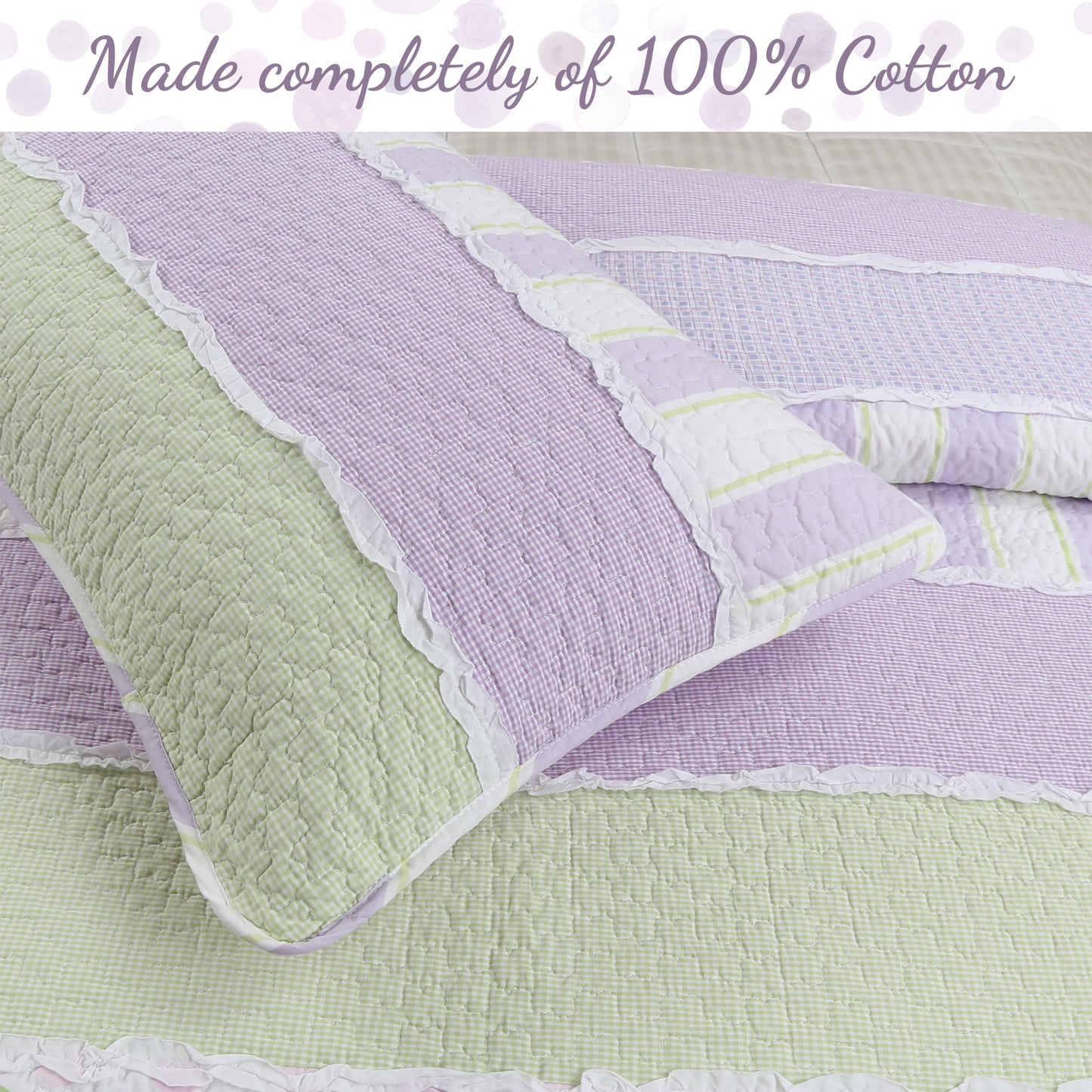Lilac Purple Green Stripe Polka Dot Checker White Ruffle Real Patchwork Cotton Reversible Quilt Bedding Set