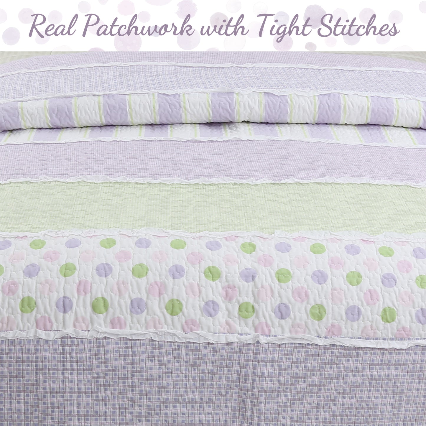 Lilac Purple Green Stripe Polka Dot Checker White Ruffle Real Patchwork Cotton Reversible Quilt Bedding Set