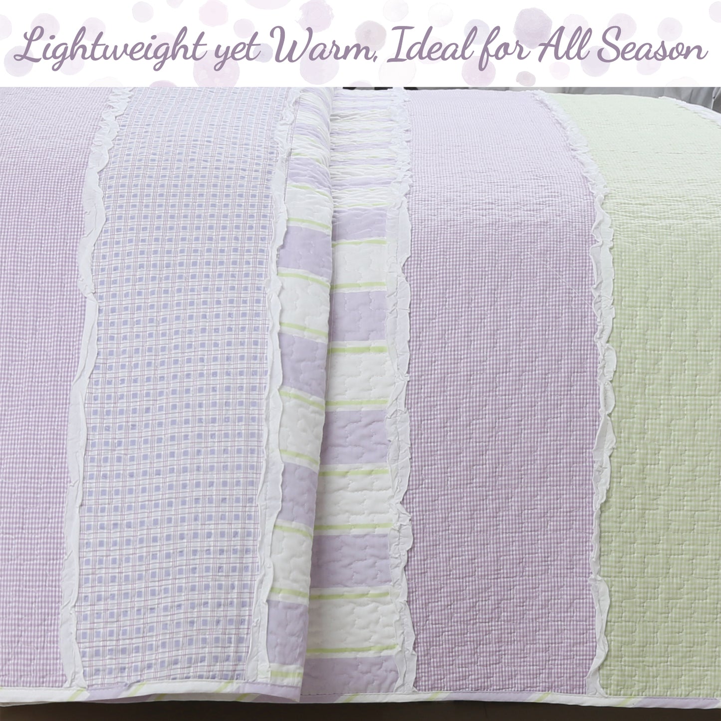 Lilac Purple Green Stripe Polka Dot Checker White Ruffle Real Patchwork Cotton Reversible Quilt Bedding Set