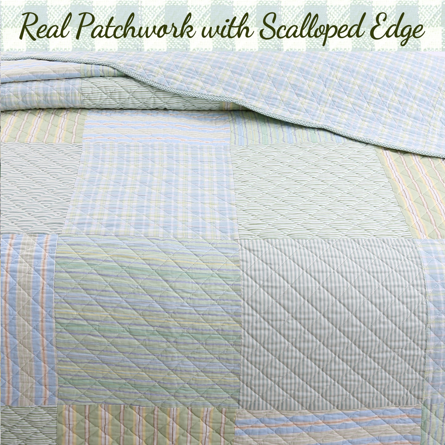 Square Real Patchwork Plaid Stripes Blue Green Scalloped 3-Piece Cotton Reversible Quilt Bedding Set