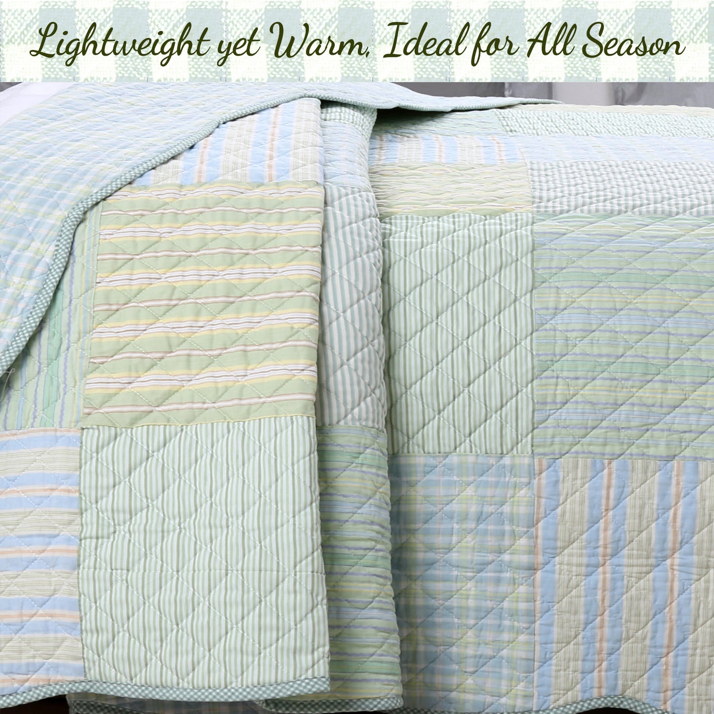 Square Real Patchwork Plaid Stripes Blue Green Scalloped 3-Piece Cotton Reversible Quilt Bedding Set
