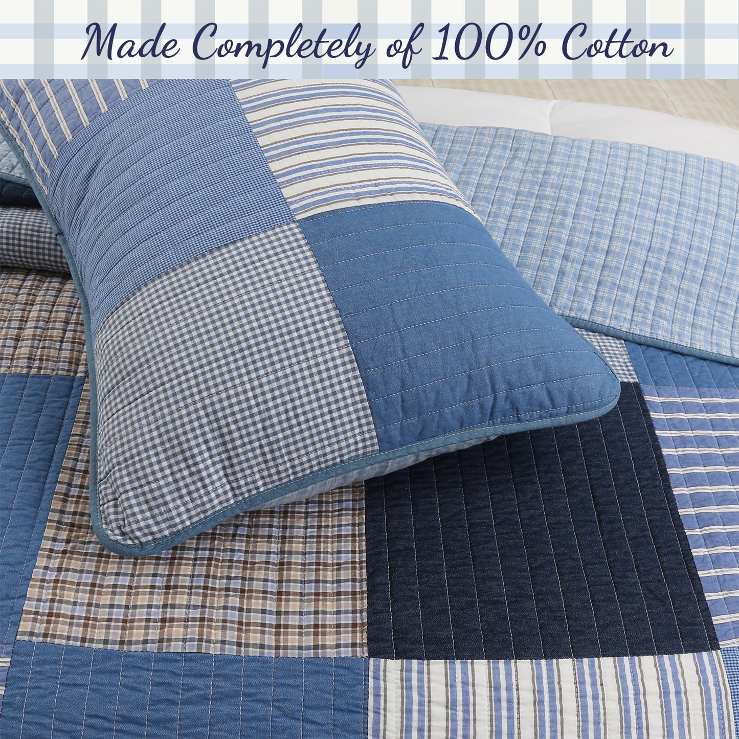 Blue Jean Plaid Stripes Tartan Real Patchwork Cotton Reversible Quilt Bedding Set