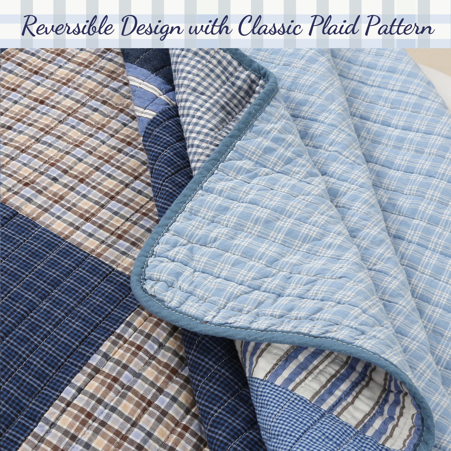 Blue Jean Plaid Stripes Tartan Real Patchwork Cotton Reversible Quilt Bedding Set