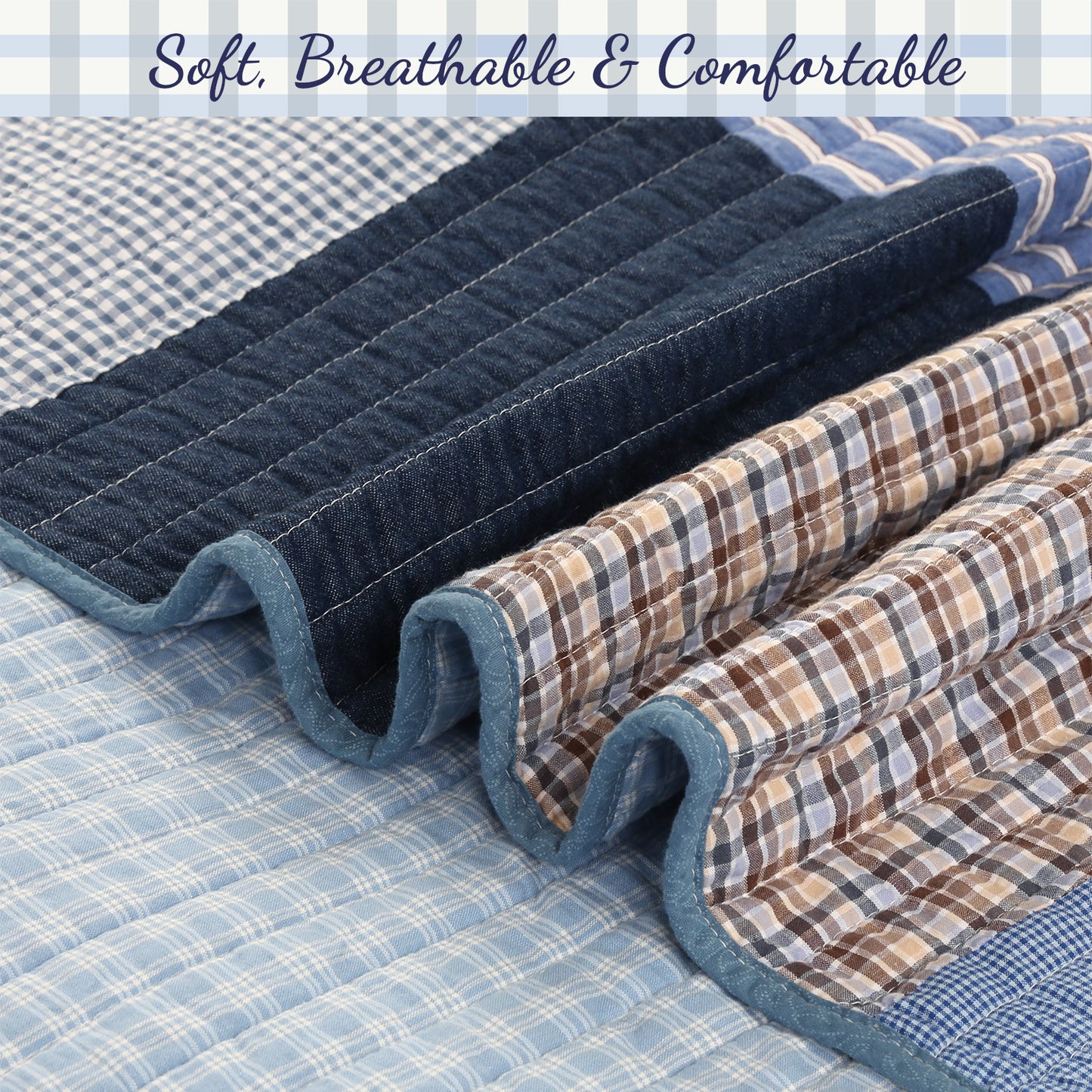 Blue Jean Plaid Stripes Tartan Real Patchwork Cotton Reversible Quilt Bedding Set