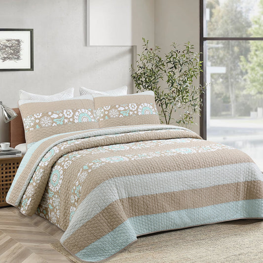 Floral Stripe Real Patchwork Ogee Tan Brown Mint Green Cotton 3 Piece Reversible Quilt Bedding Set
