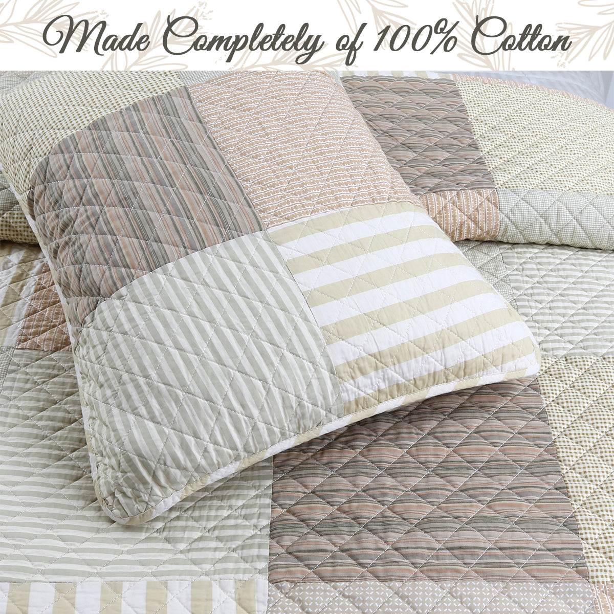 Earth Tone Brown Tan Beige Stripe Checker Real Patchwork 3-Piece Cotton Reversible Quilt Bedding Set
