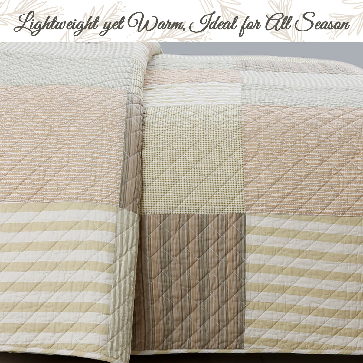 Earth Tone Brown Tan Beige Stripe Checker Real Patchwork 3-Piece Cotton Reversible Quilt Bedding Set