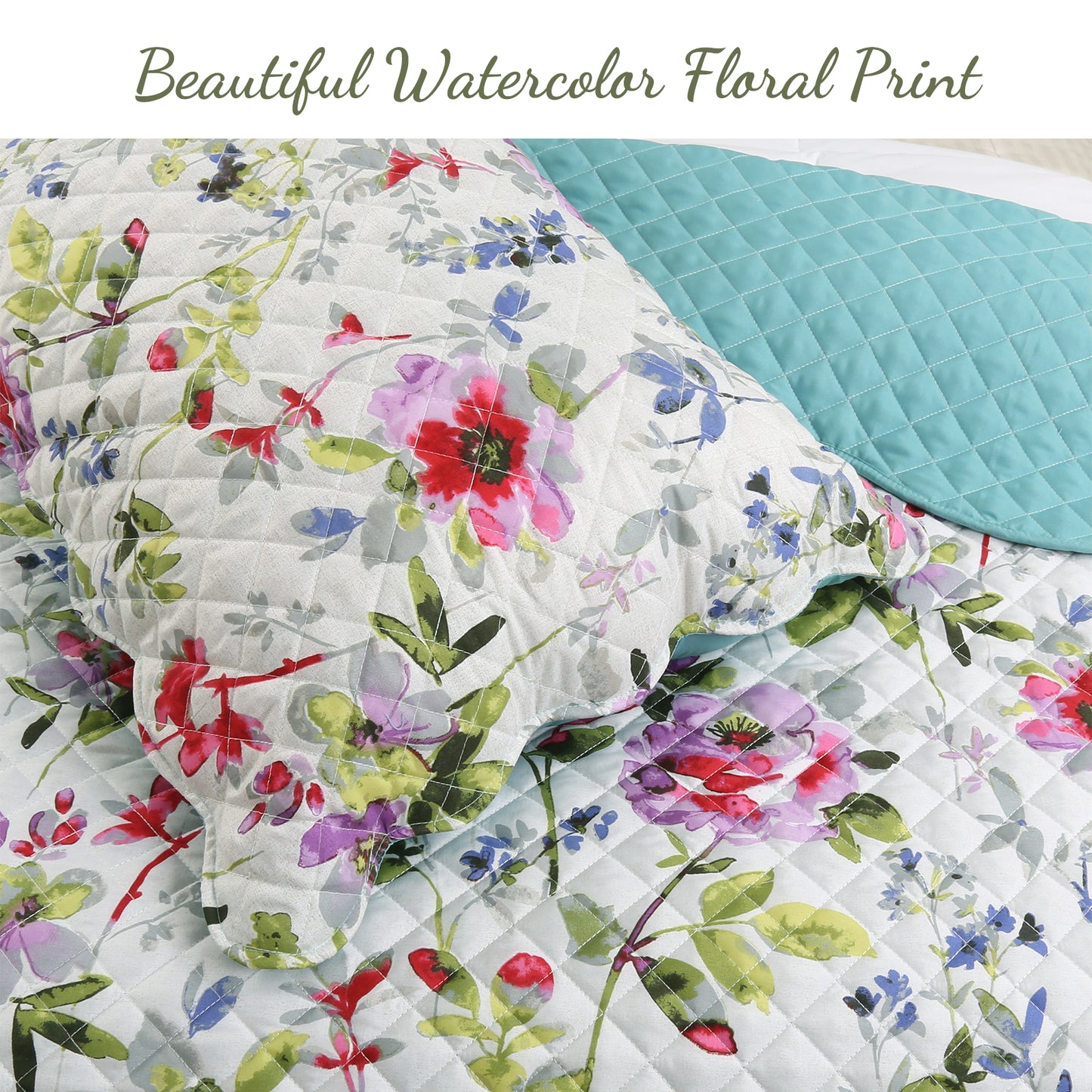 Vibrant Colorful Rose Watercolor Floral Bloom Purple Queen 3-Piece Reversible Quilt Bedding Set