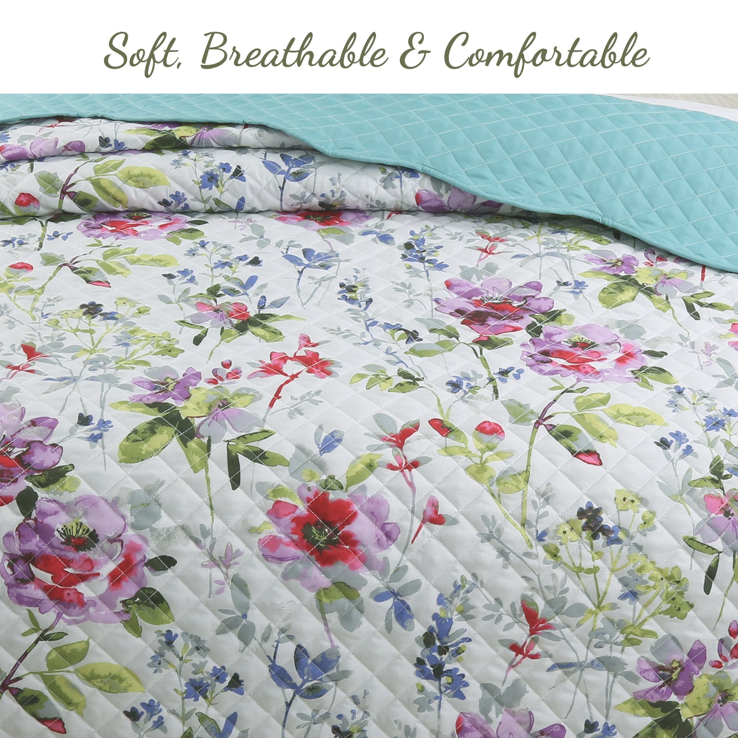 Vibrant Colorful Rose Watercolor Floral Bloom Purple Queen 3-Piece Reversible Quilt Bedding Set