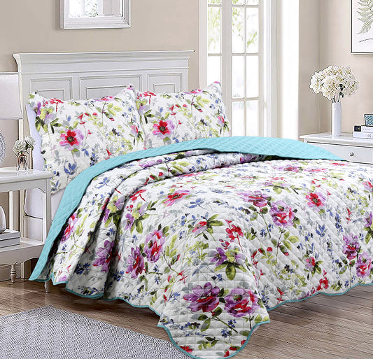 Vibrant Colorful Rose Watercolor Floral Bloom Purple Queen 3-Piece Reversible Quilt Bedding Set