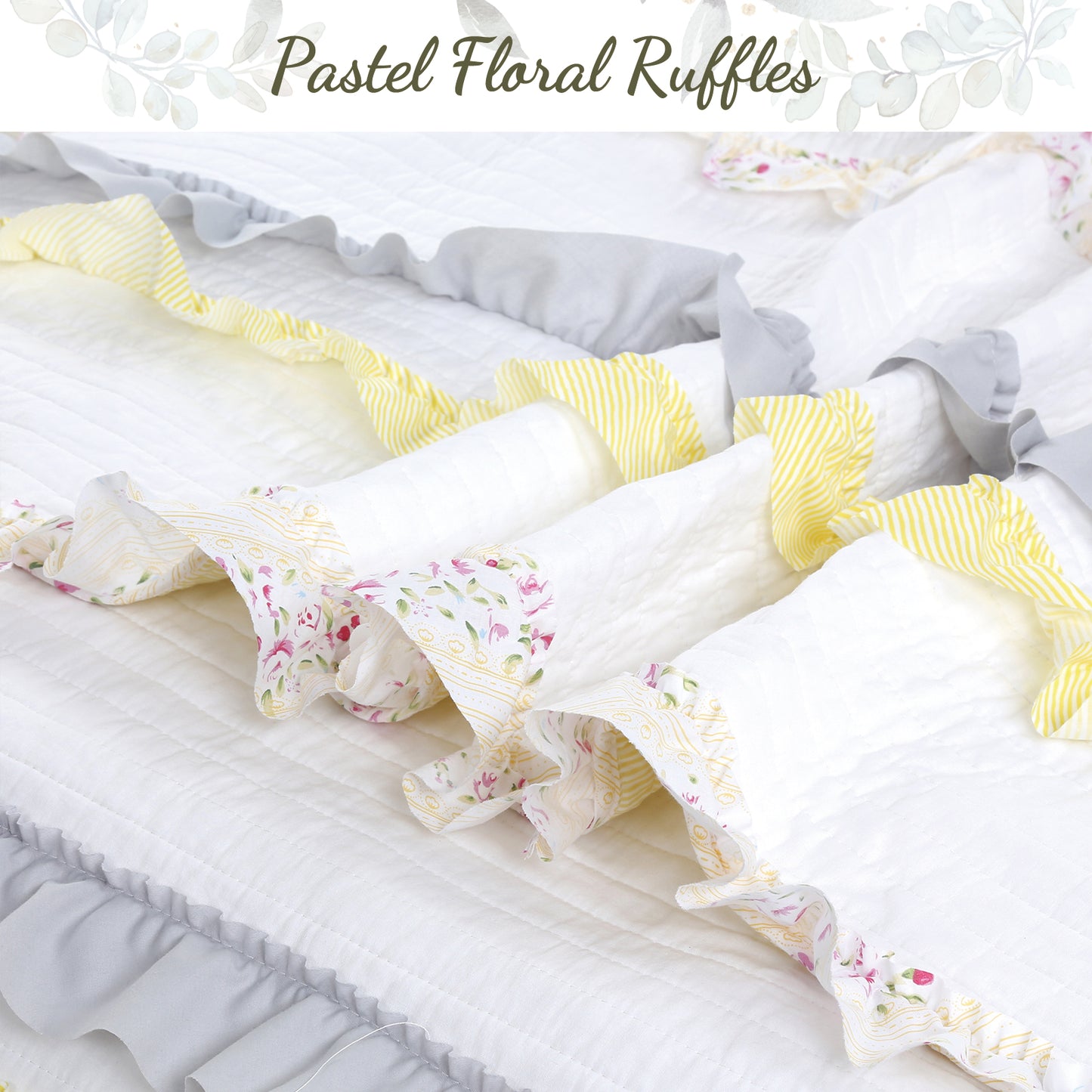 Ruffle Floral Blue Yellow Grey Stripe Real Patchwork Cotton Reversible Quilt Bedding Set