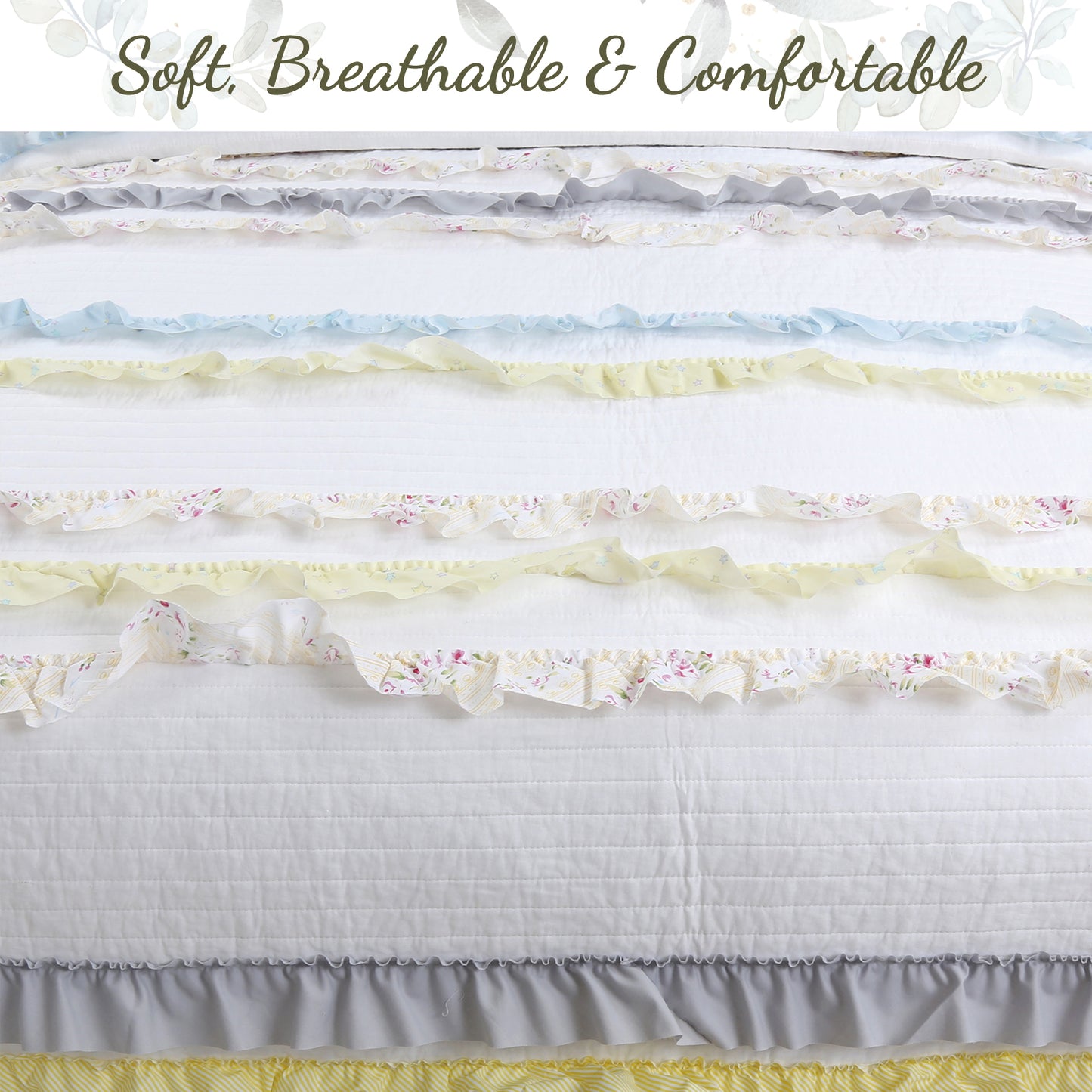 Ruffle Floral Blue Yellow Grey Stripe Real Patchwork Cotton Reversible Quilt Bedding Set