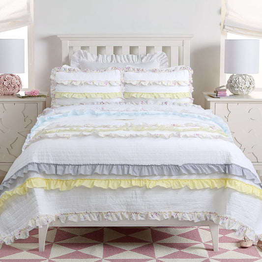 Ruffle Floral Blue Yellow Grey Stripe Real Patchwork Cotton Reversible Quilt Bedding Set