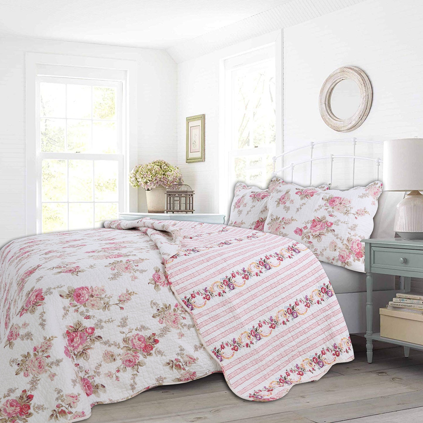 Spring Rose Floral Scalloped 3-Piece Cotton Reversible Quilt Bedding Set