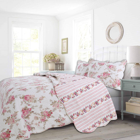 Spring Rose Floral Scalloped 3-Piece Cotton Reversible Quilt Bedding Set