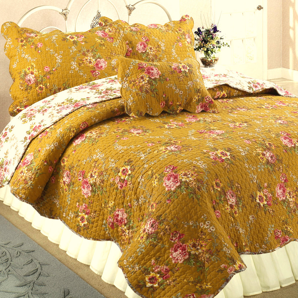Pinegar Floral Scalloped Cotton 3-Piece Reversible Quilt Bedding Set