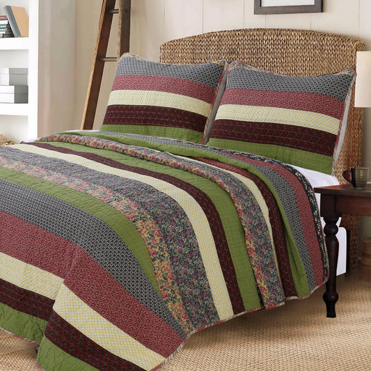 Sandpiper Cove Stripped Cotton 3-Piece Reversible Quilt Bedding Set