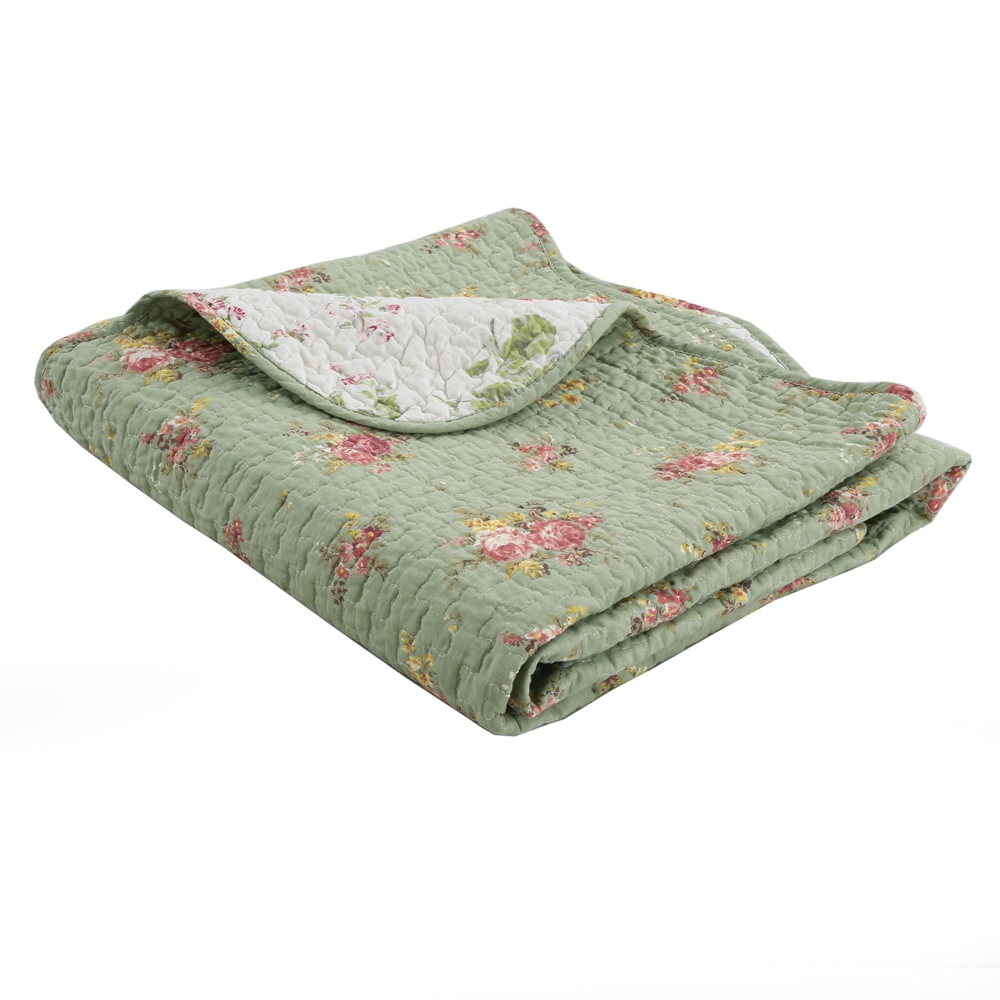 Green Floral Scalloped Edge Cotton Reversible Quilted Throw Blanket