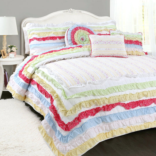 Petri Ruffle Lace Cotton Reversible Quilt Bedding Set