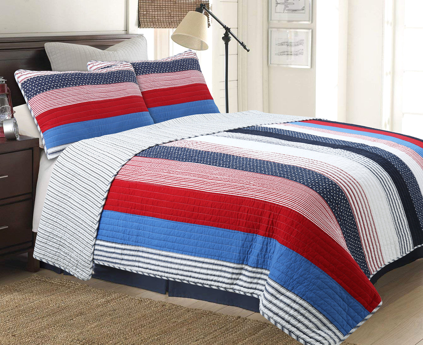 Netta Stripe Real Patchwork Red White Blue Cotton Reversible Quilt Bedding Set