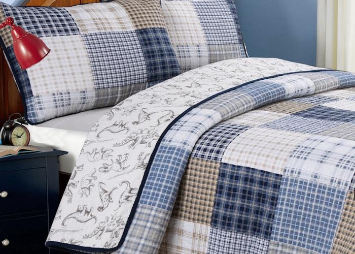 Benjamin Dinosaur Blue Brown Plaid Print Patchwork Cotton Reversible Quilt Bedding Set