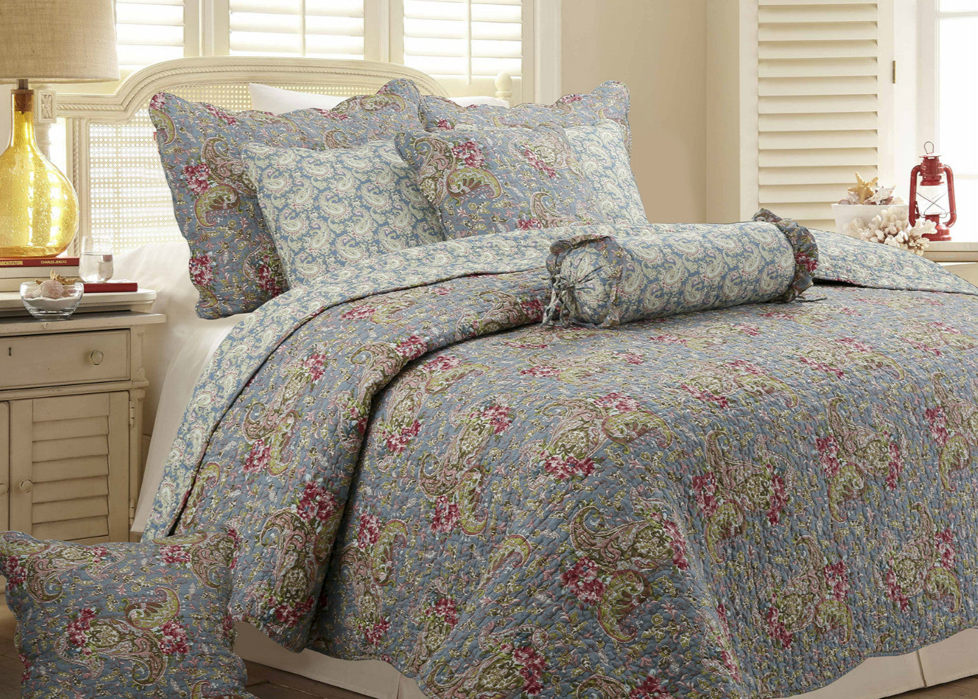 Floral Paisley Blue Cotton 3-Piece Reversible Quilt Bedding Set