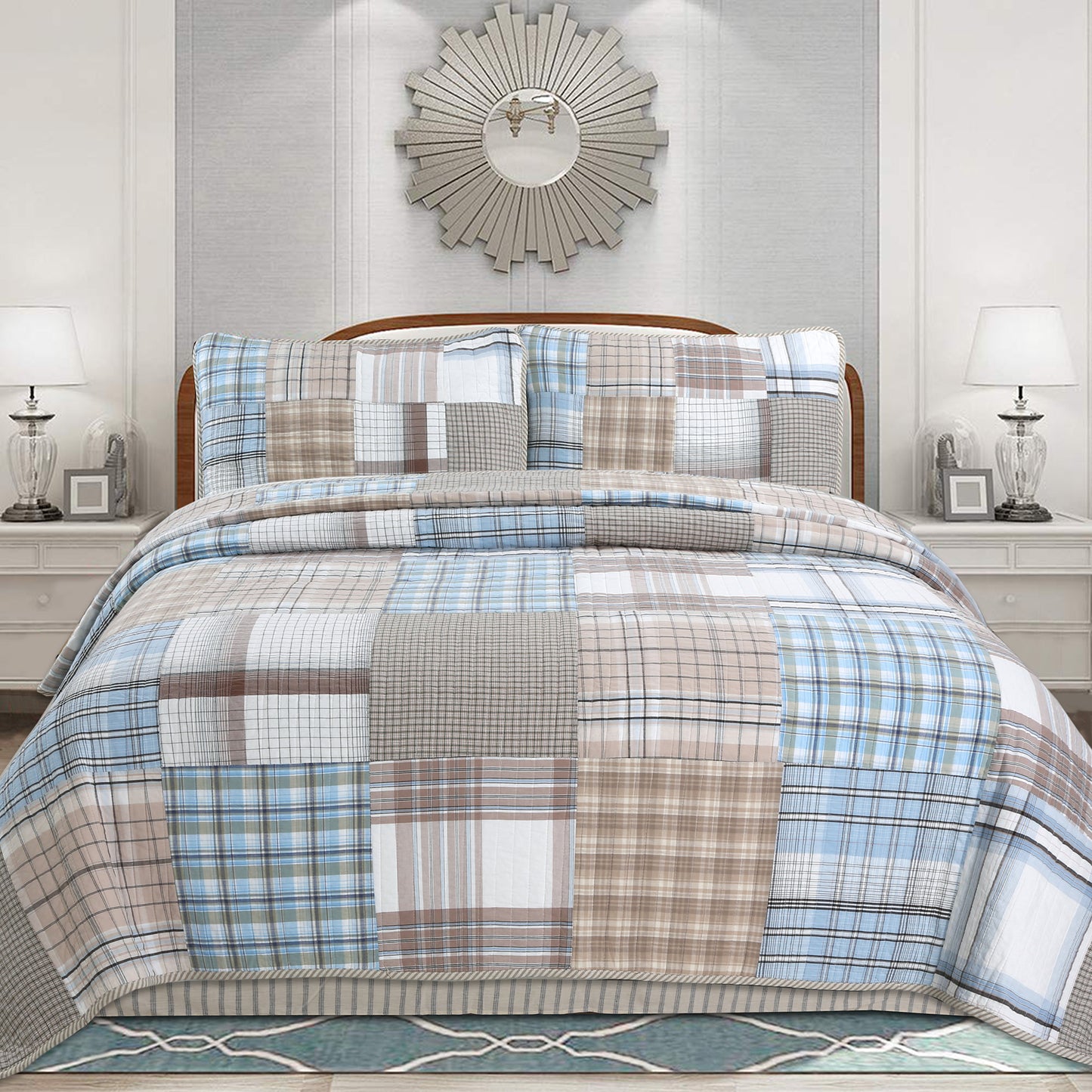 Hank Real Patchwork Blue 3-piece Cotton Reversible Quilt Bedding Set