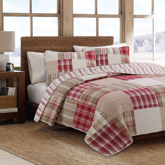 Alivia Red Brown Plaid Real Patchwork 3-Piece Cotton Reversible Quilt Bedding Set