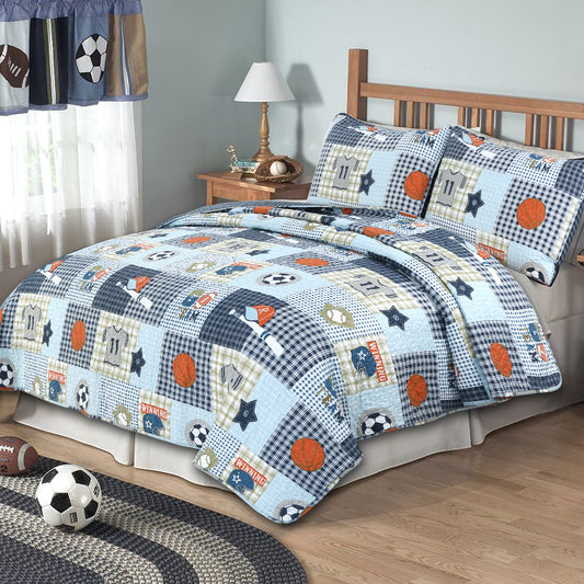 Blue Sports Baseball Basketball Soccer Football Print Patchwork Boy Reversible Quilt Bedding Set