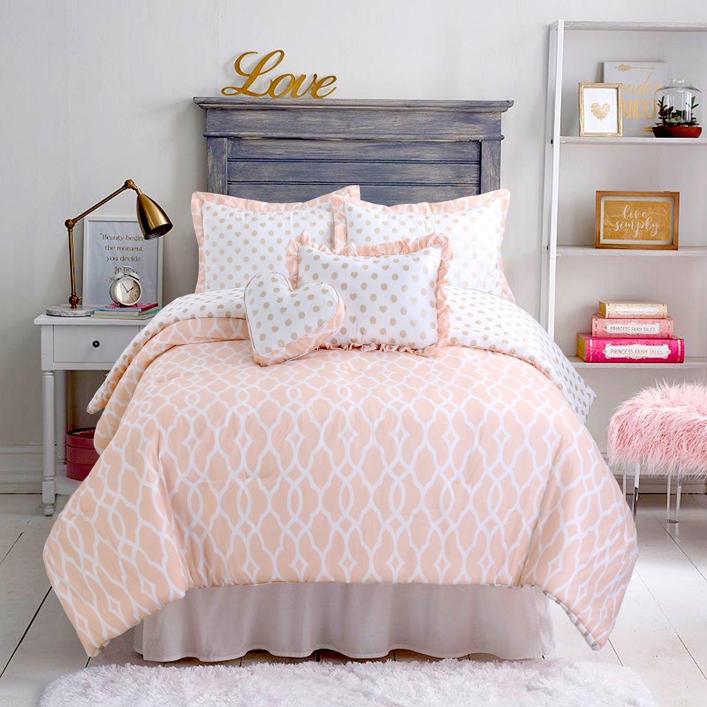 Peach Gold Heart Polka Dot Reversible Comforter Bedding Set