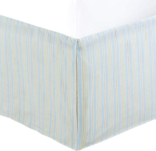 Tailored Bed Skirt Light Blue Green Yellow White Striped Cotton Pleated Straight Dust Ruffle with Split Corners (16" Drop)