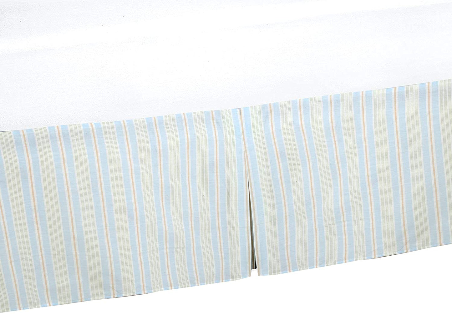 Tailored Bed Skirt Light Blue Green Yellow White Striped Cotton Pleated Straight Dust Ruffle with Split Corners (16" Drop)