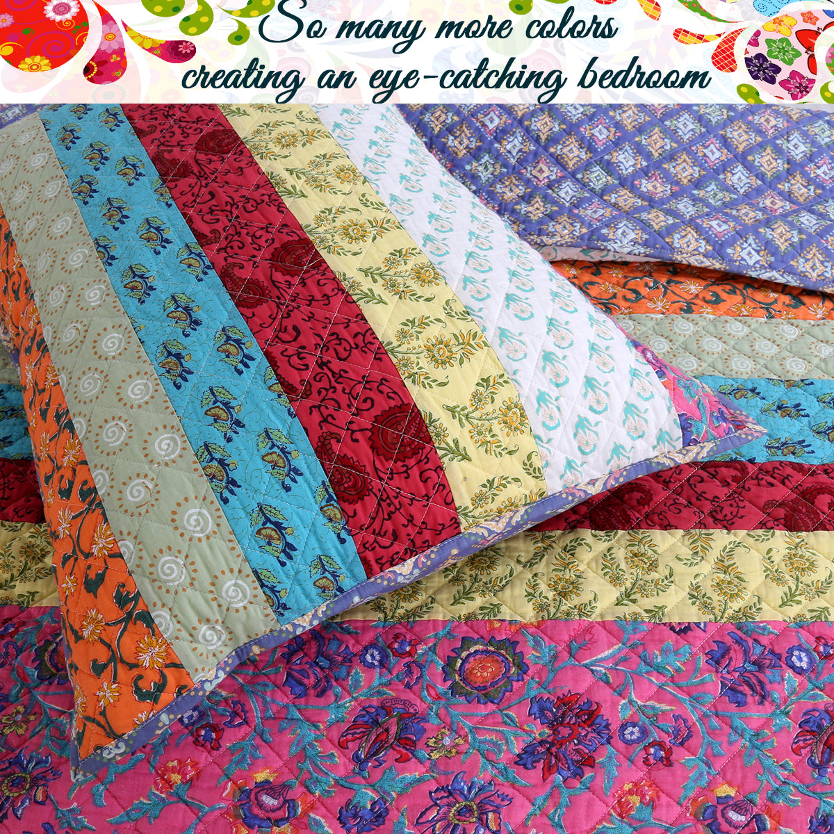Vibrant Stripe Real Patchwork 3-Piece Cotton Reversible Quilt Bedding Set