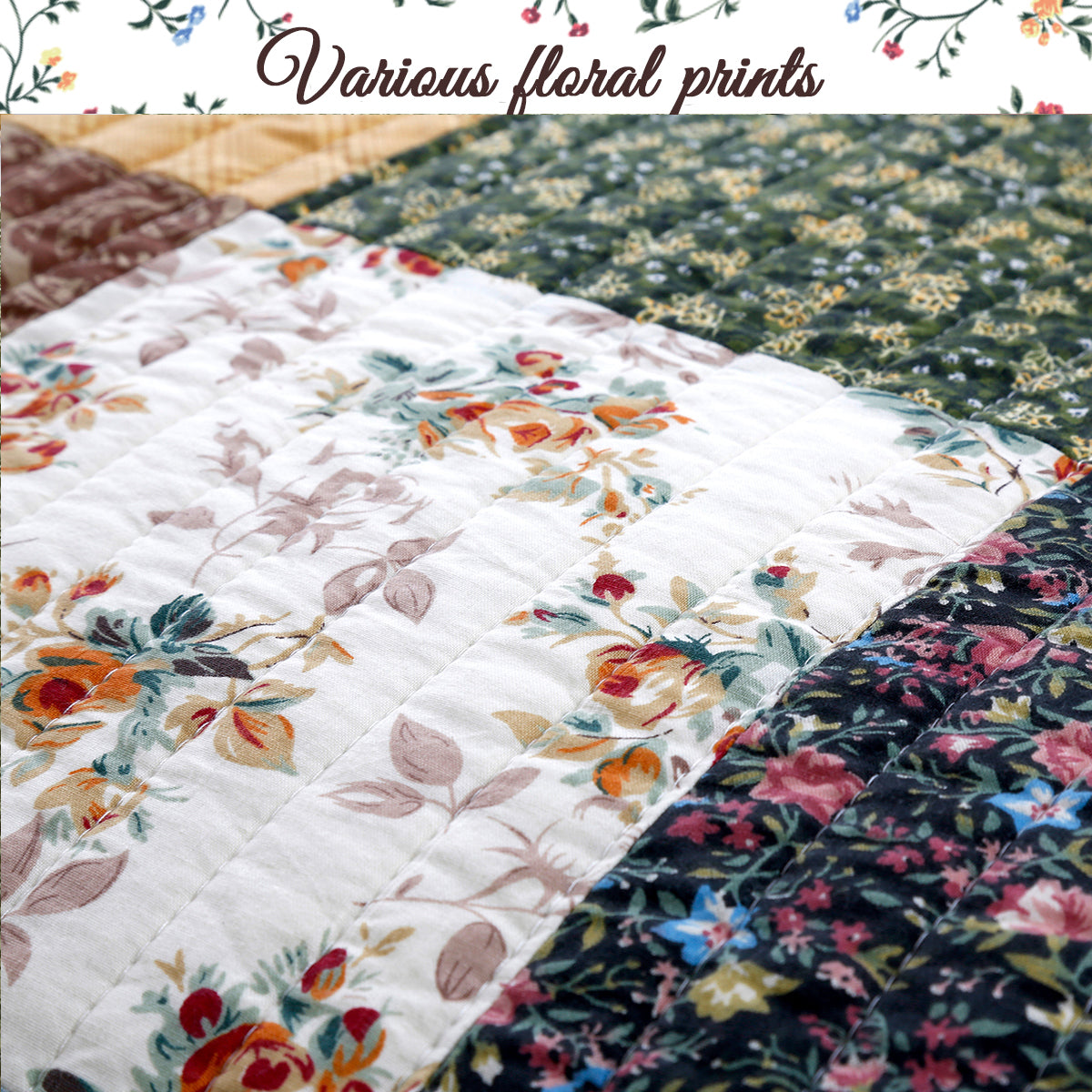 Huitt Country Farmhouse Vintage Floral Real Patchwork Cotton 3-Piece Reversible Quilt Bedding Set