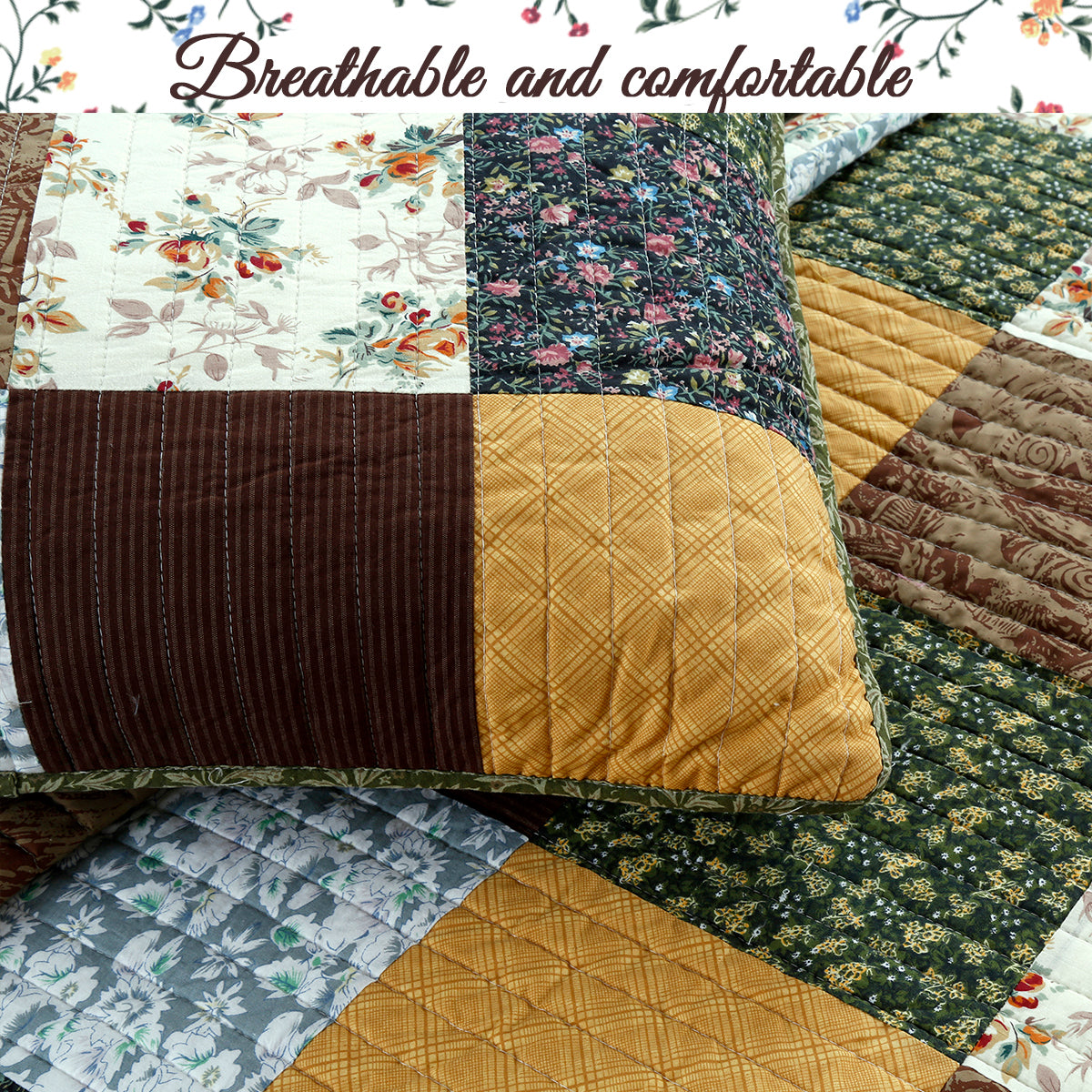 Huitt Country Farmhouse Vintage Floral Real Patchwork Cotton 3-Piece Reversible Quilt Bedding Set