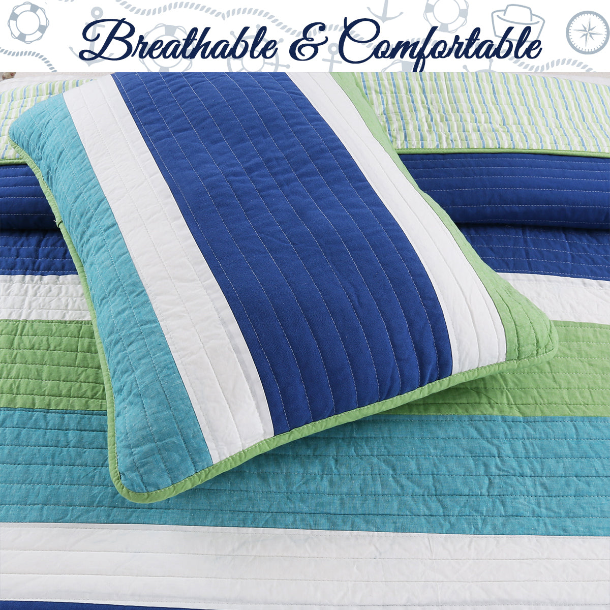 Waylon Blue Green Stripe Real Patchwork Cotton Reversible Quilt Bedding Set