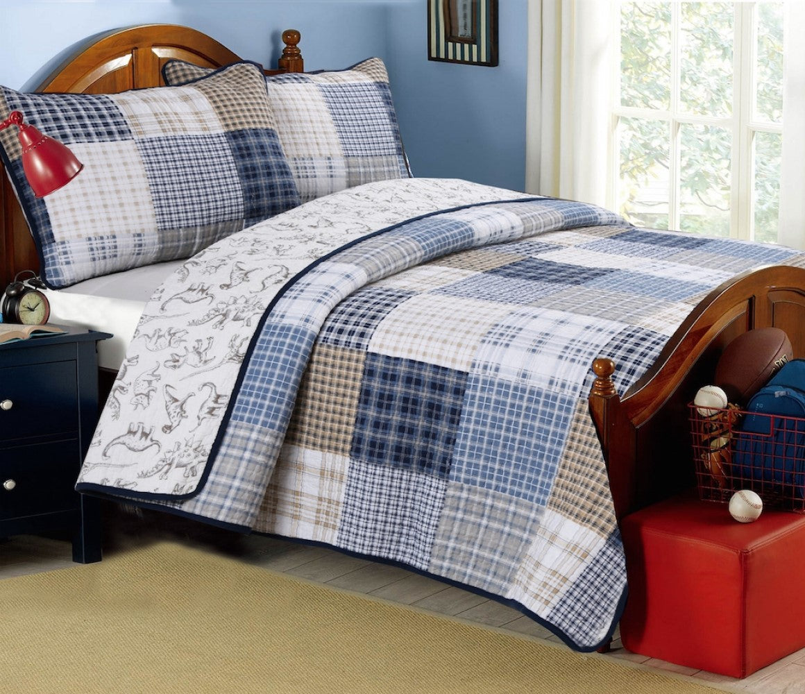 Benjamin Dinosaur Blue Brown Plaid Print Patchwork Cotton Reversible Quilt Bedding Set