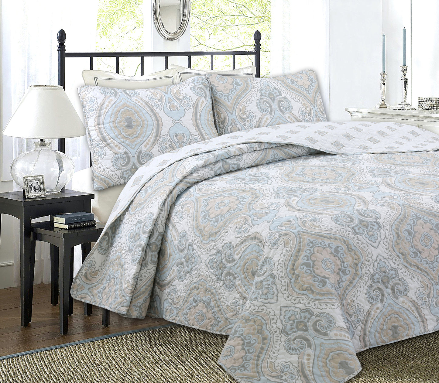 Modern Medallion Sky Blue Tan Gray Brocade 3-Piece Reversible Quilt Bedding Set